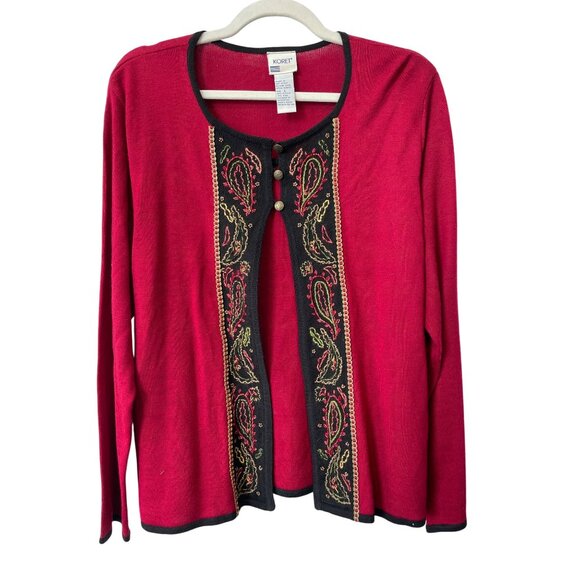 Vintage 90s Koret Cardigan Sweater Large Paisley Embroidered Red Deadstock NEW - Picture 1 of 7